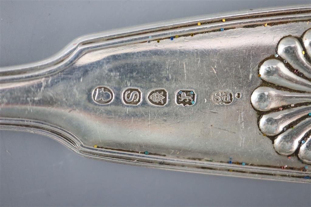 PAUL STORR- A set of six George III silver double struck, fiddle, thread and shell pattern dessert spoons, 6 tablespoons and 12 forks.